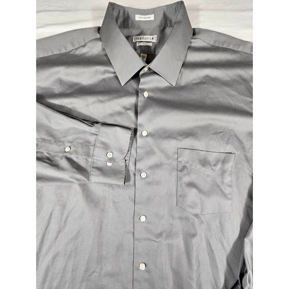 Van Heusen Lux Sateen Dress Shirt Mens 19 37/38 Tall Grey Wrinkle Free Button Up